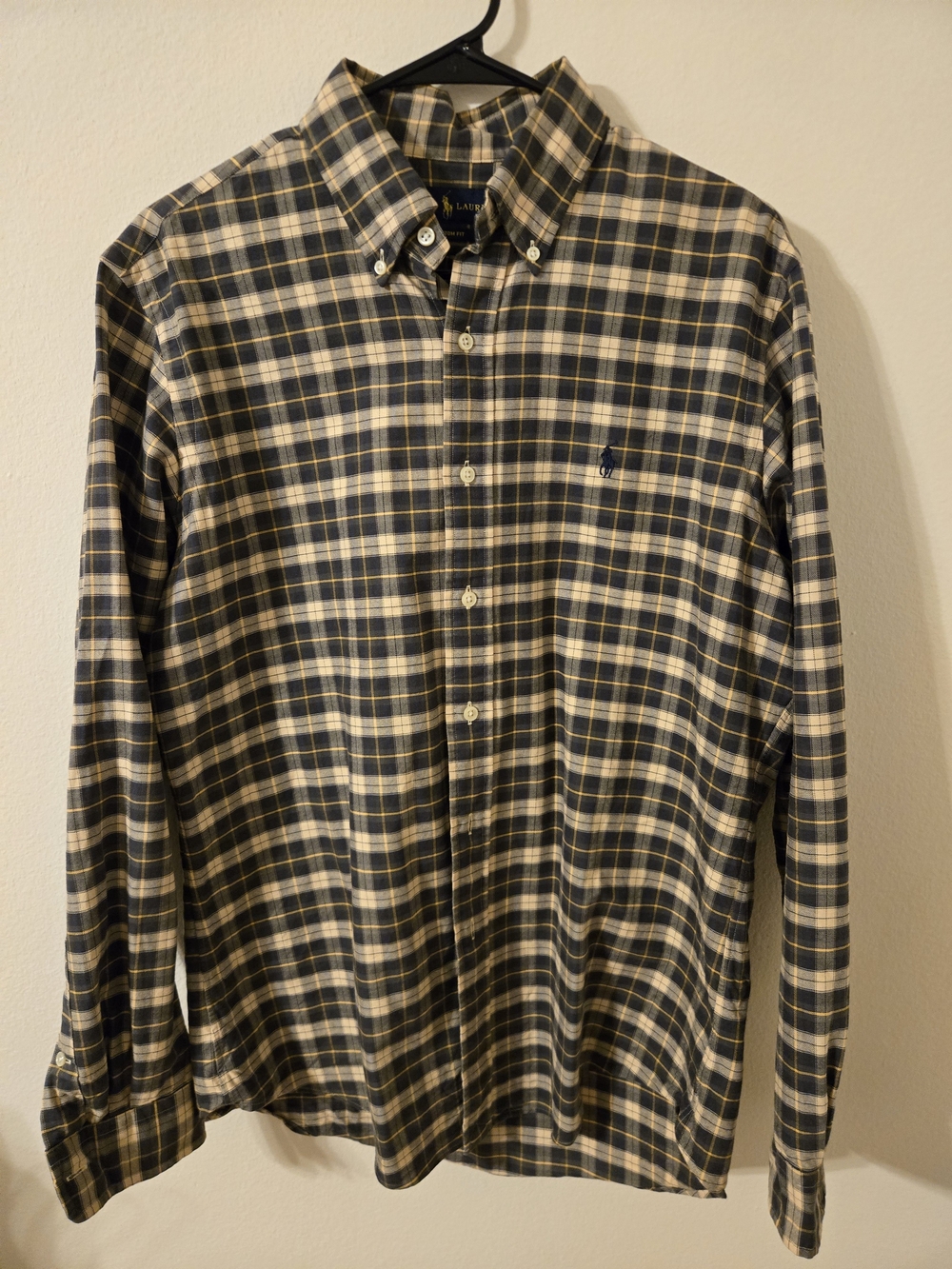 Ralph Lauren Men’s Medium Custom Fit Plaid Button Down Shirt Navy Cream